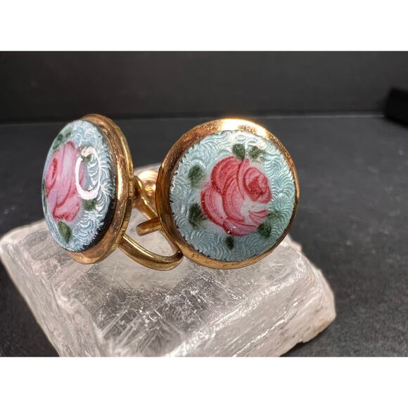 Vintage MCM Gold Tone Guilloche Enamel Pink Rose Screw Back Earrings - Picture 3 of 9